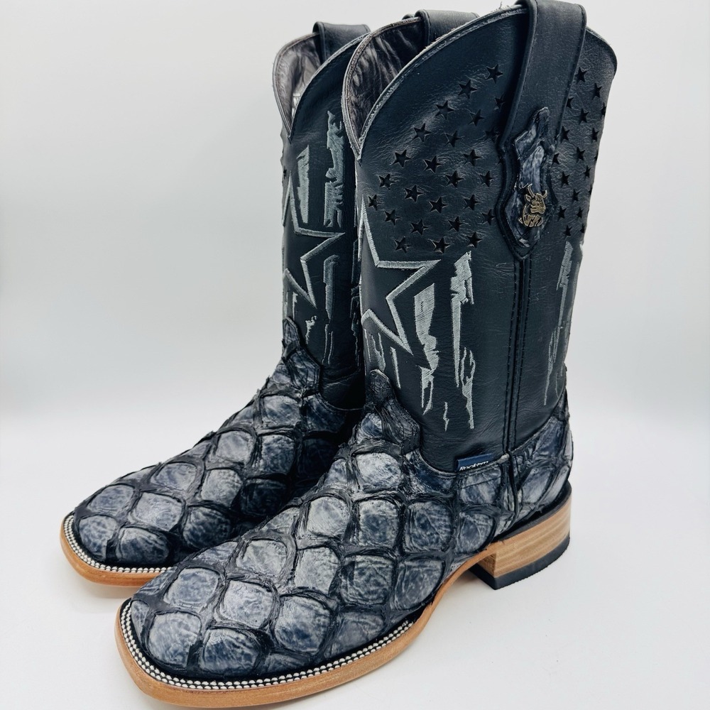 Rock'em Clon Pez Pirarucu Gris Azulado Boots‎ Men's Size 8.5 Fish Print Leather